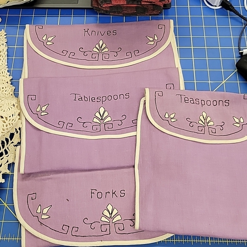 Vintage Embroidery Silverware Pouches Teaspoon Knives Tablespoon Forks Set of 4